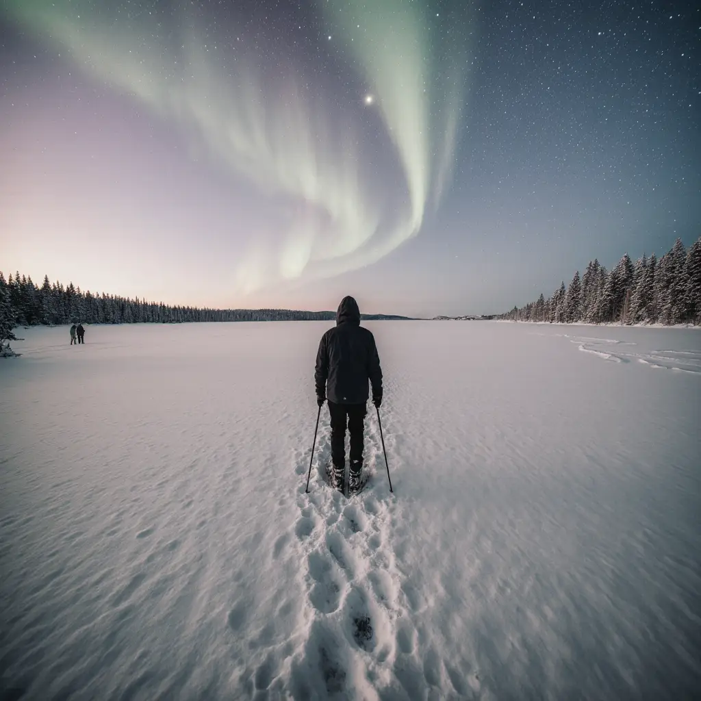Revontuliretki lumikenkäillen | snowshoe safari hunting aurora borealis | Rokua Outdoors